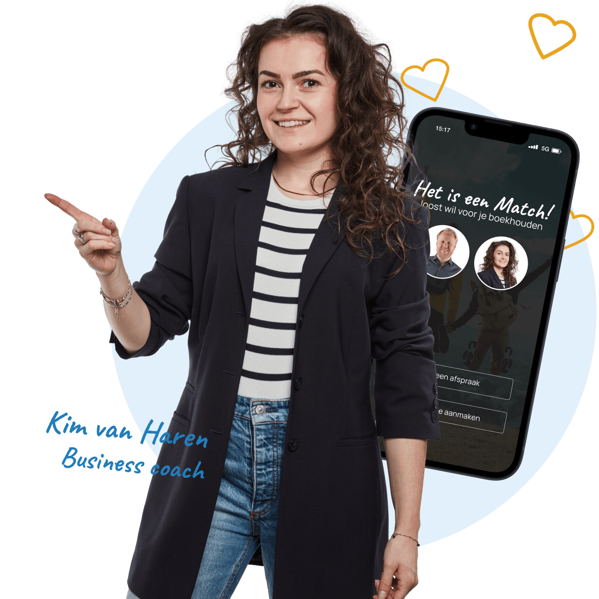 Foto van klant Kim met het matchen met een boekhouder via een telefoon op de achtergrond